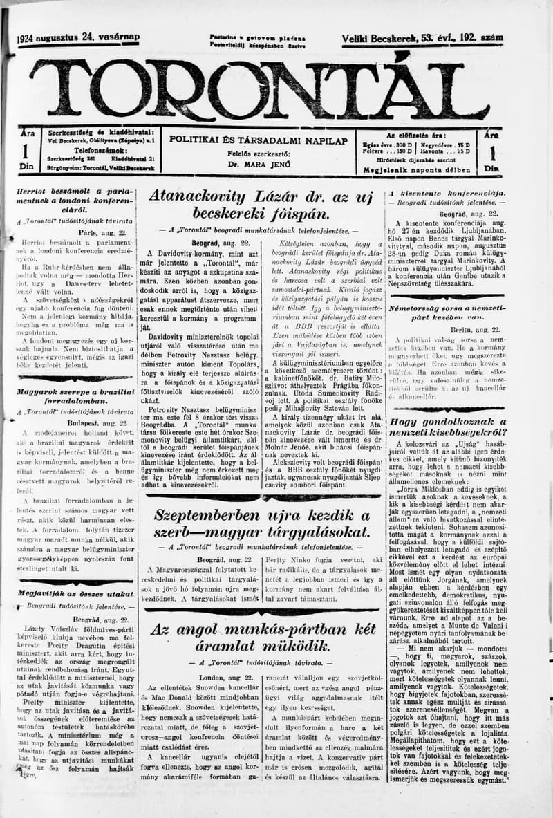 Torontál, 53. évf. 1924. augusztus 24. 192. sz.
