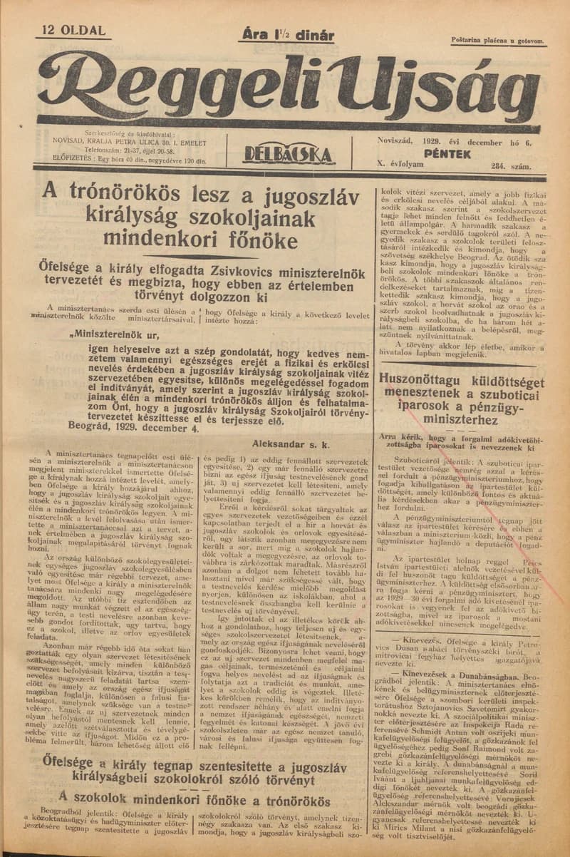 Reggeli Újság, 10. évf. 1929. december 6. 284. sz.