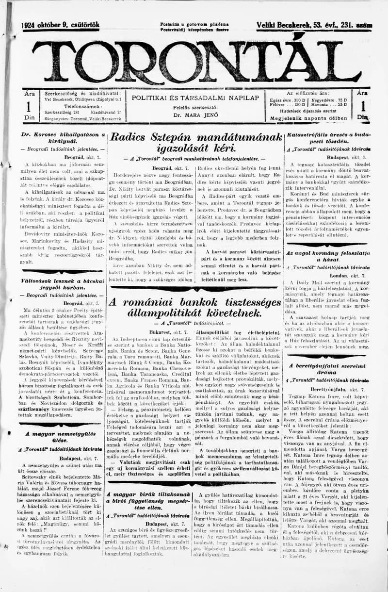 Torontál, 53. évf. 1924. október 9. 231. sz.