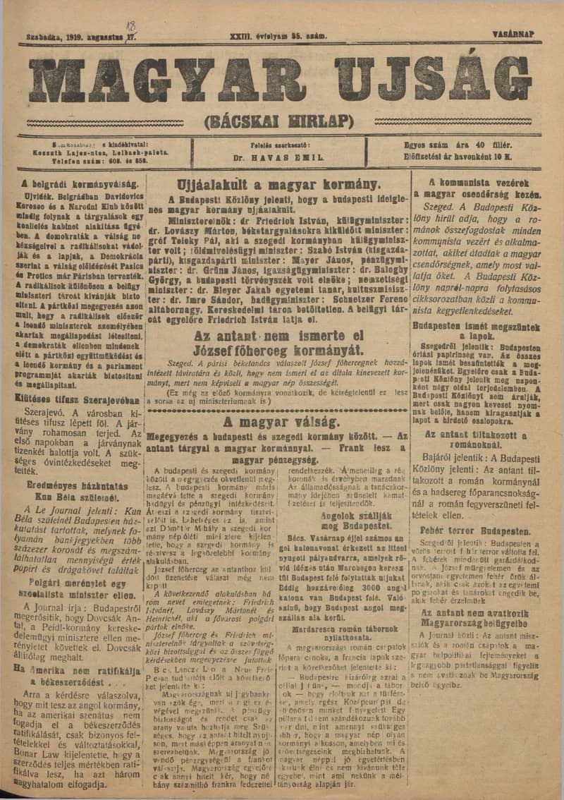 Bácskai Hirlap, 23. évf. 1919. augusztus 18. 55. sz.