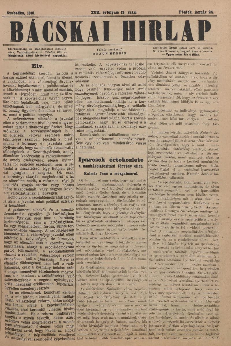 Bácskai Hirlap, 17. évf. 1913. január 24. 19. sz.