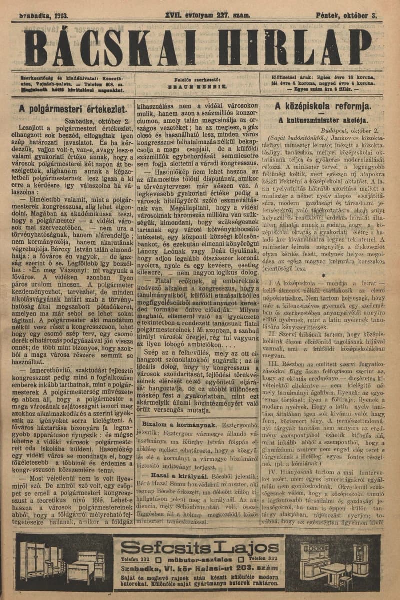 Bácskai Hirlap, 17. évf. 1913. október 3. 227. sz.