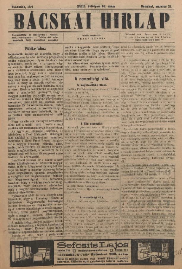 Bácskai Hirlap, 18. évf. 1914. március 21. 66. sz.