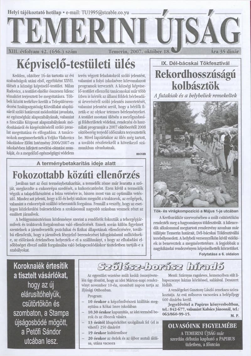 Temerini Újság, 13. évf. 2007. október 18. 42. sz.