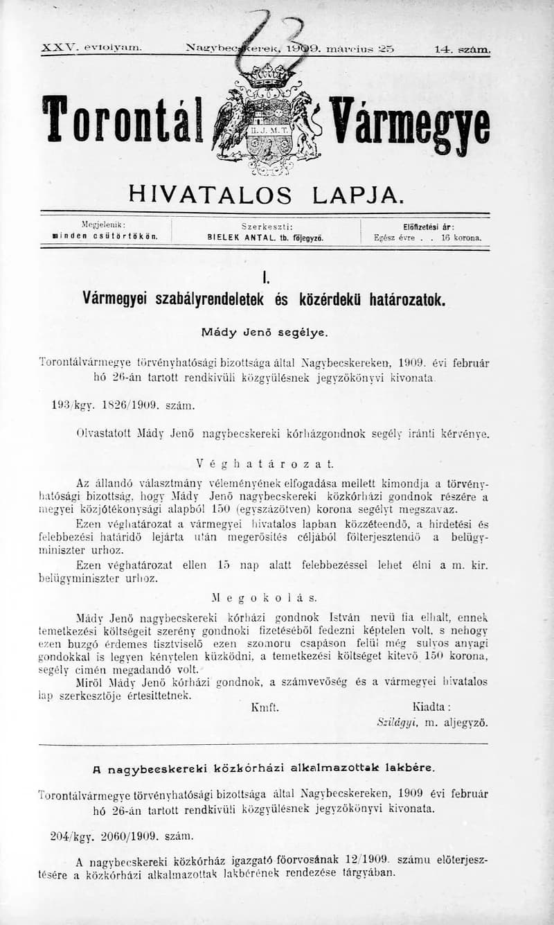 Torontál Vármegye Hivatalos Lapja, 25. évf. 1909. március 25. 14. sz.