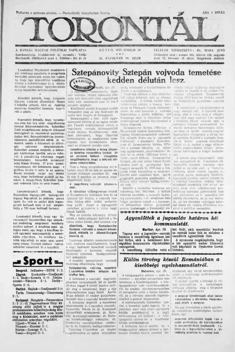 Torontál, 58. évf. 1929. április 29. 99. sz.