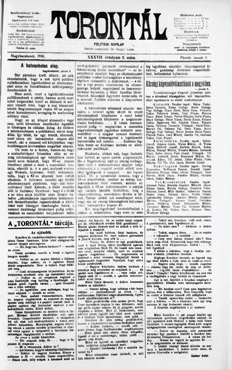 Torontál, 37. évf. 1908. január 3. 2. sz.