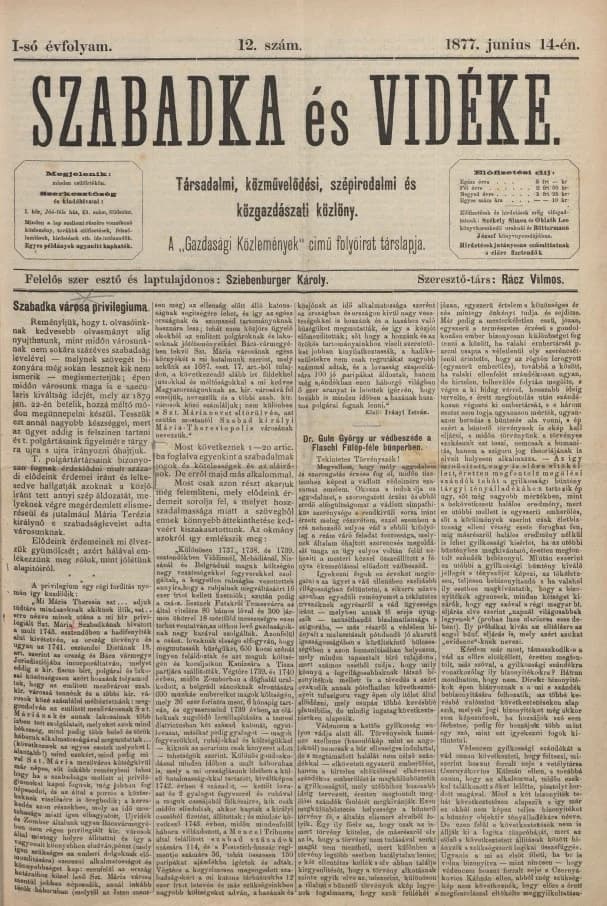 Szabadka és vidéke, 1. évf. 1877. június 14. 12. sz.