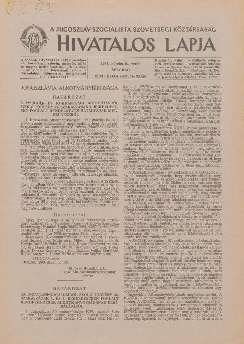 A Jugoszláv Szocialista Szövetségi Köztársaság Hivatalos Lapja, 47. évf. 1991. március 6. 16. sz. 261–264. oldal