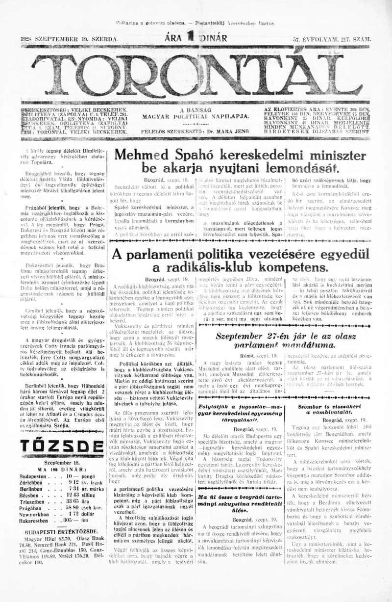 Torontál, 57. évf. 1928. szeptember 19. 217. sz.