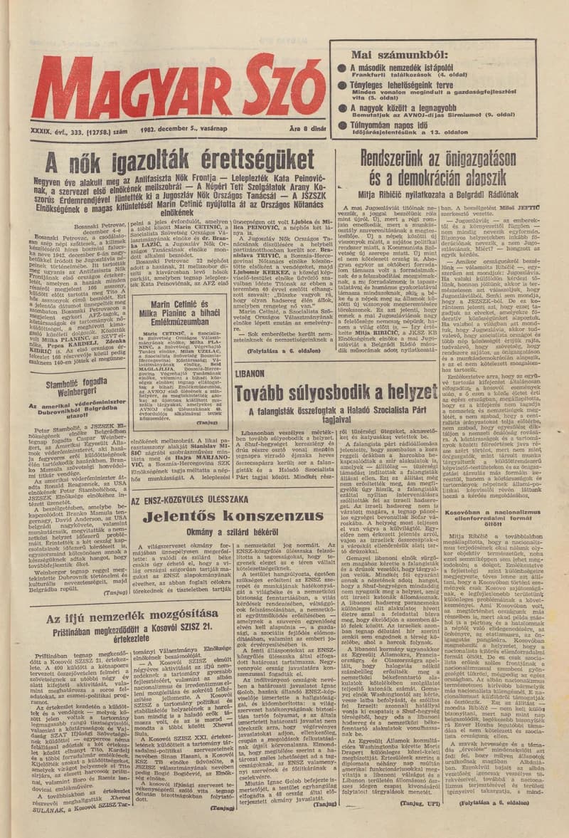Magyar Szó, 39. évf. 1982. december 5. 333. sz. 1–24. oldal
