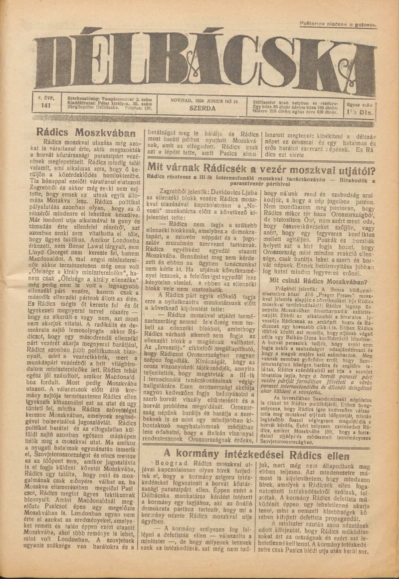 Délbácska, 5. évf. 1924. június 18. 141. sz.