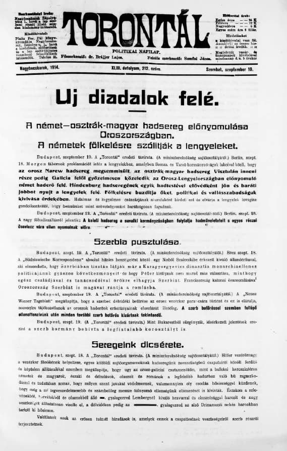 Torontál, 43. évf. 1914. szeptember 19. 212. sz.