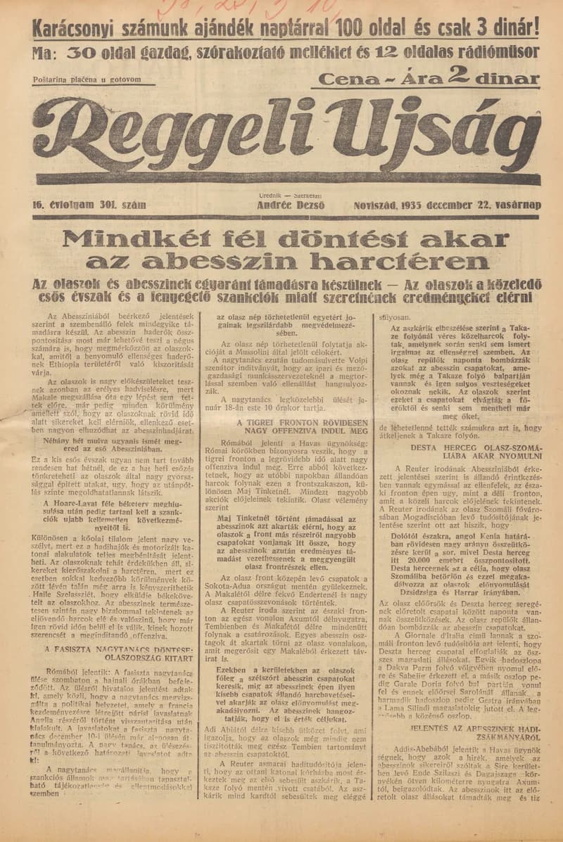 Reggeli Újság, 16. évf. 1935. december 22. 301. sz.