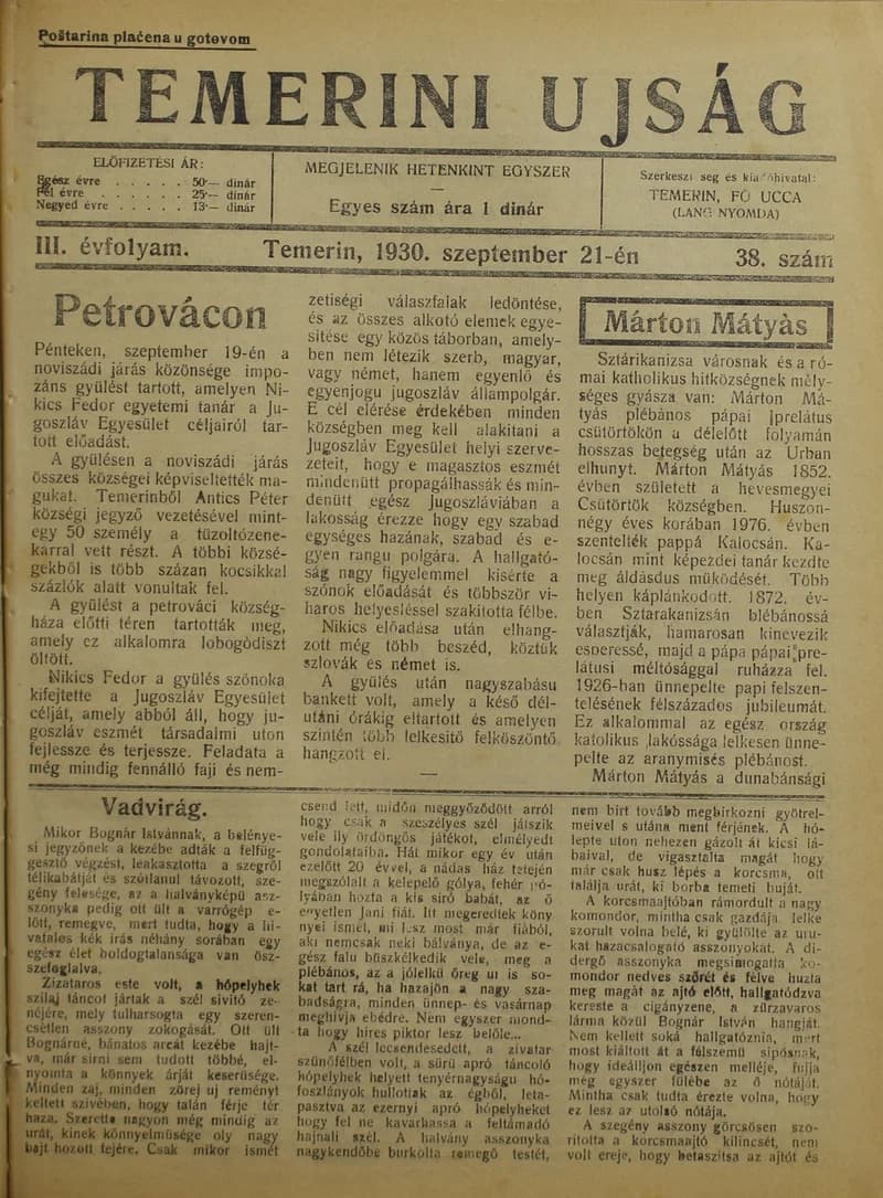 Temerini Újság 1928-1944, 3. évf. 1930. szeptember 21. 38. sz.
