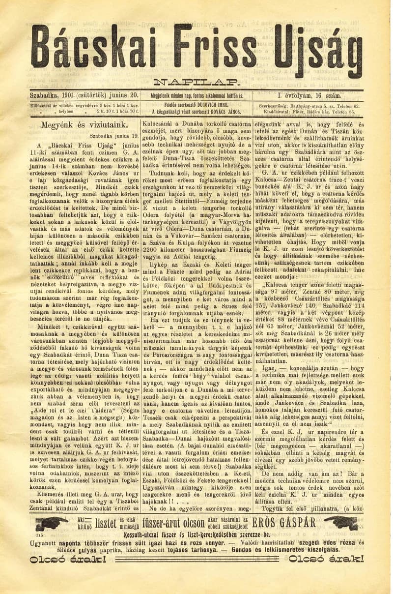 Bácskai Friss Ujság, 1. évf. 1901. június 20. 16. sz.