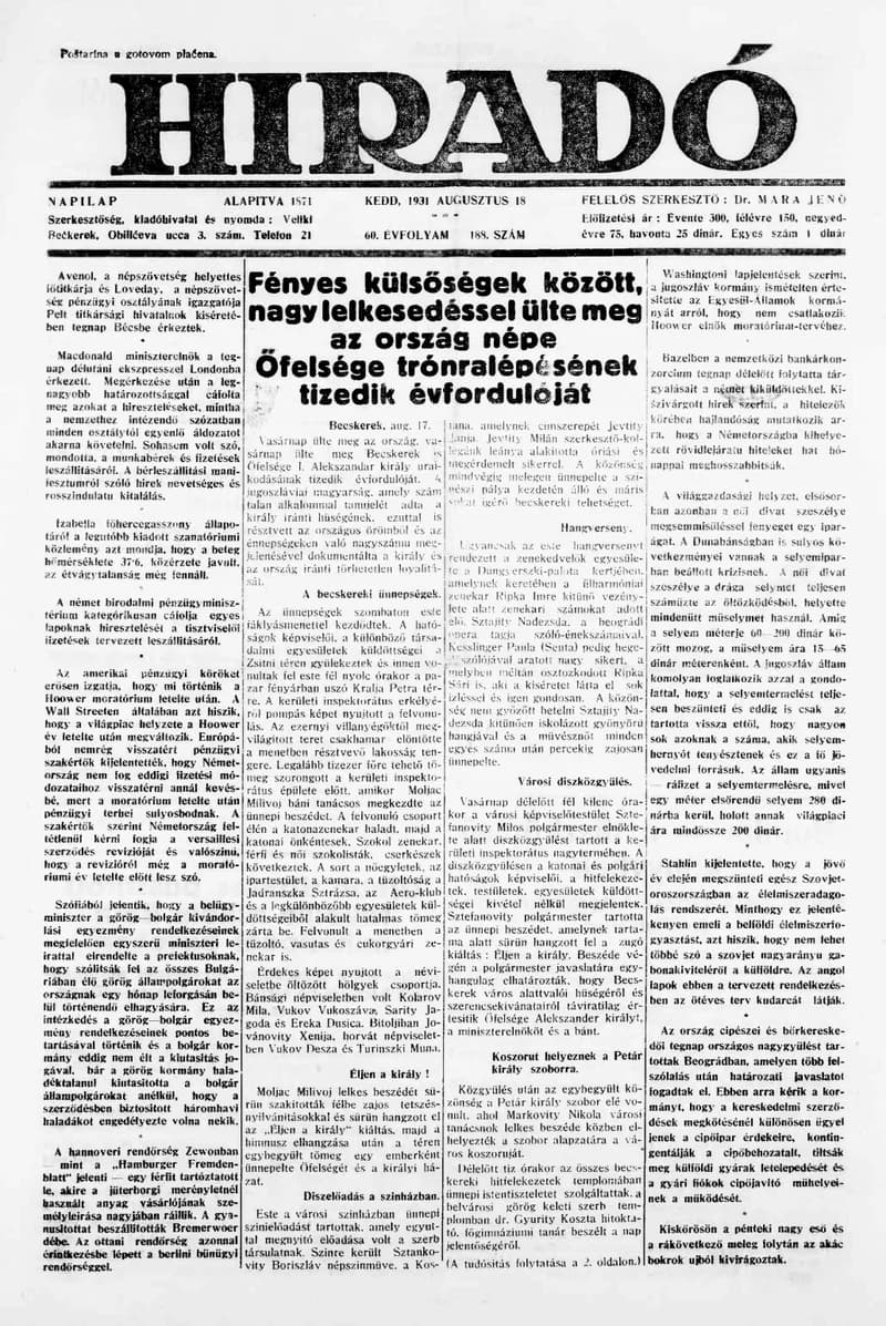Híradó, 60. évf. 1931. augusztus 18. 188. sz.