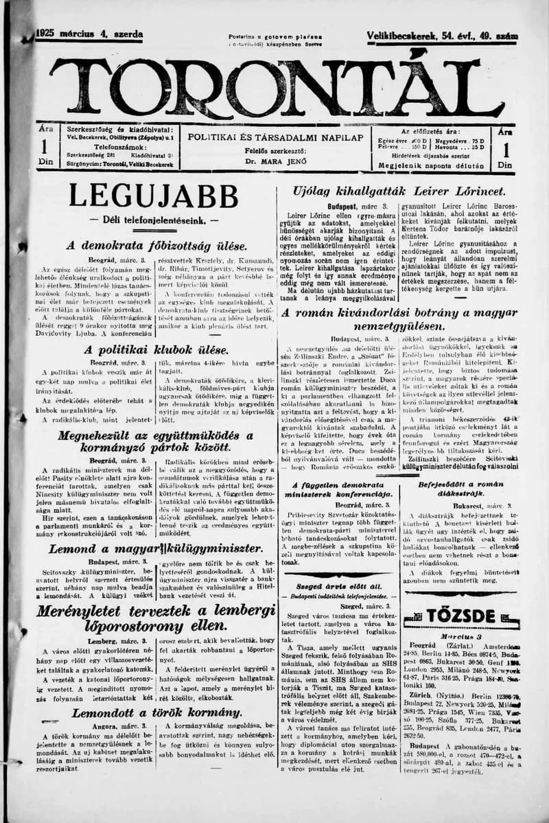 Torontál, 54. évf. 1925. március 4. 49. sz.