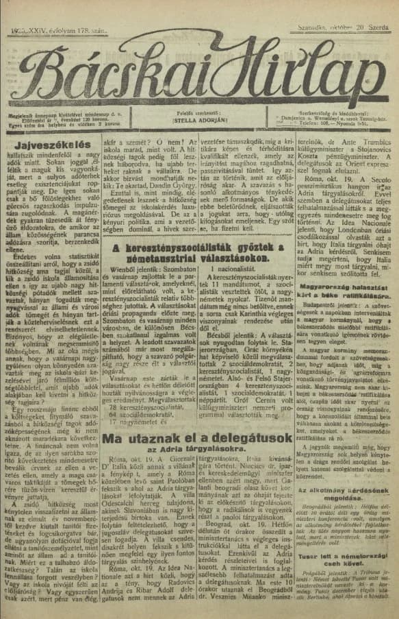 Bácskai Hirlap, 24. évf. 1920. október 20. 178. sz.