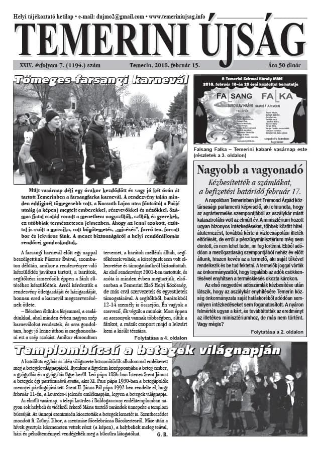 Temerini Újság, 24. évf. 2018. február 15. 7. sz.