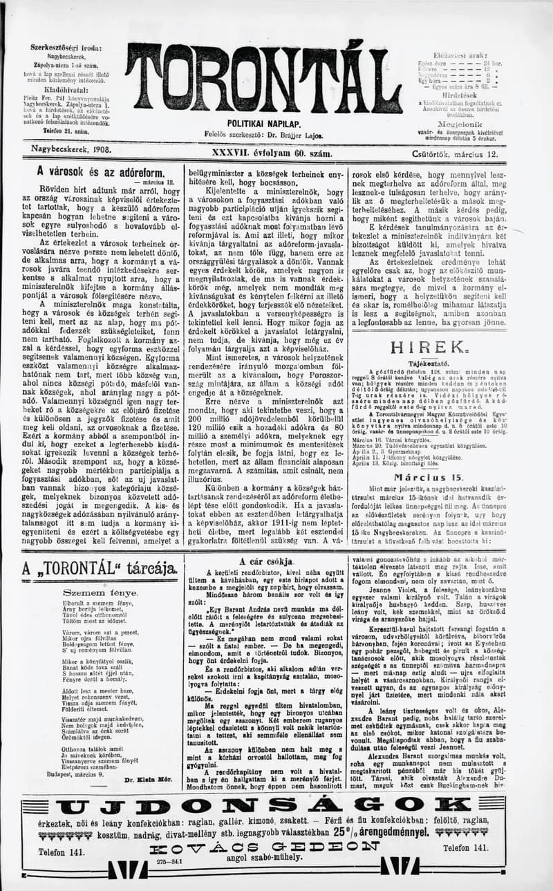 Torontál, 37. évf. 1908. március 12. 60. sz.