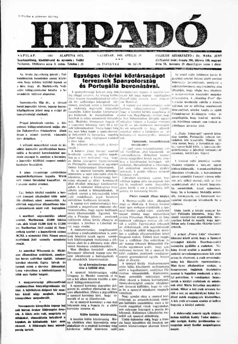 Híradó, 60. évf. 1931. április 19. 90. sz.
