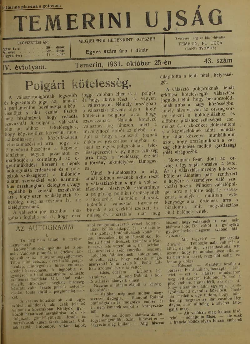 Temerini Újság 1928-1944, 4. évf. 1931. október 25. 43. sz.