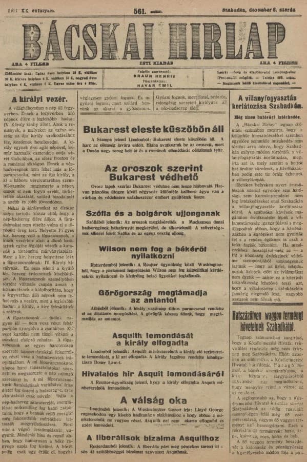 Bácskai Hirlap, 20. évf. 1916. december 11. 567. sz.