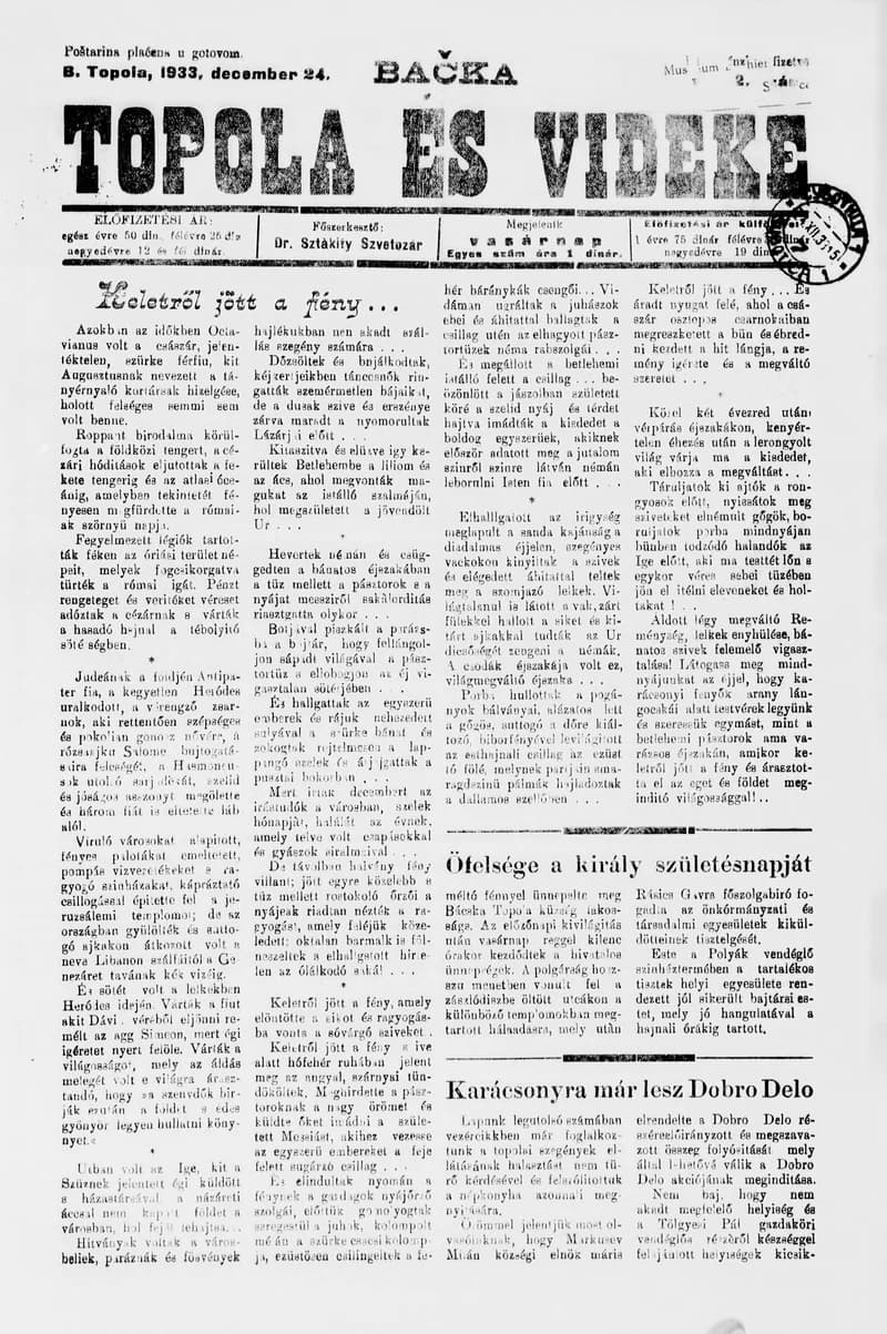 Bačka Topola és Vidéke, 10. évf. 1933. december 24. 52. sz.