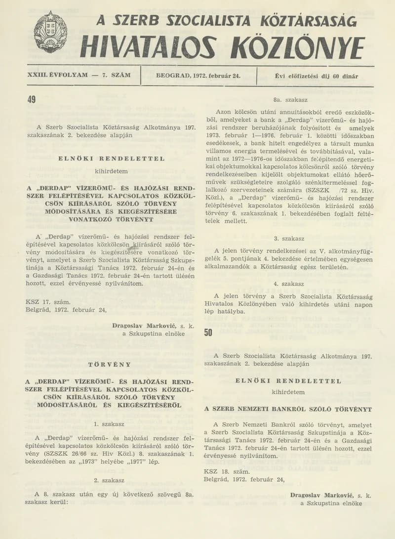 A Szerb Szocialista Köztársaság Hivatalos Közlönye, 28. évf. 1972. február 24. 7. sz. 209–212. oldal