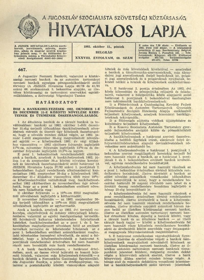 A Jugoszláv Szocialista Szövetségi Köztársaság Hivatalos Lapja, 38. évf. 1982. október 15. 60. sz. 1477–1488. oldal
