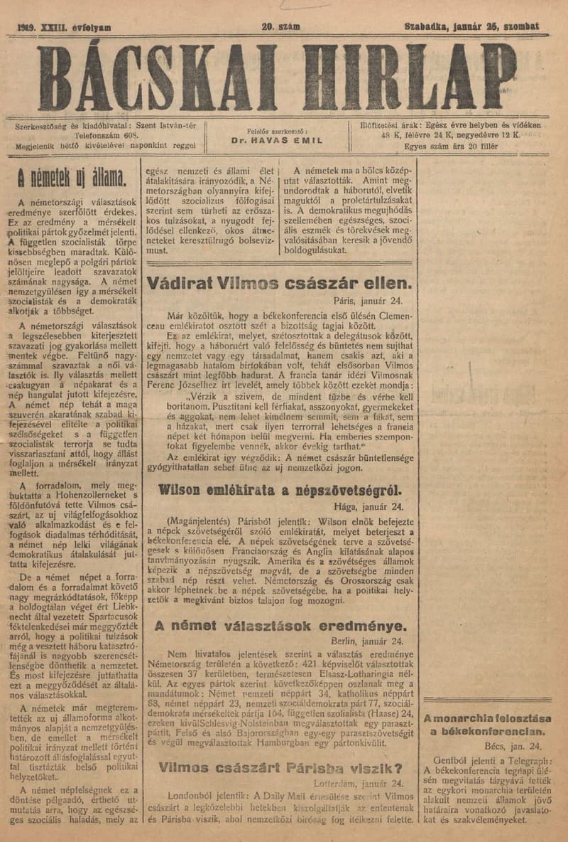 Bácskai Hirlap, 23. évf. 1919. január 25. 20. sz.