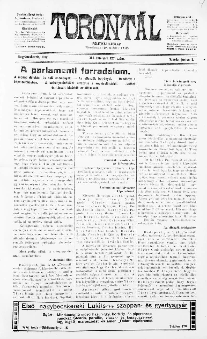 Torontál, 41. évf. 1912. június 5. 127. sz.