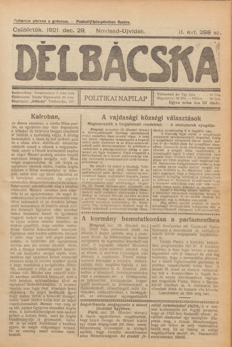 Délbácska, 2. évf. 1921. december 29. 298. sz.