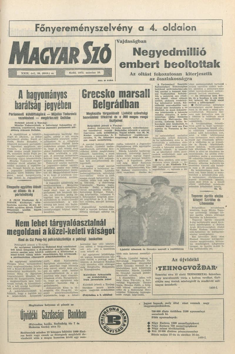 Magyar Szó, 29. évf. 1972. március 28. 86. sz. 1–16. oldal