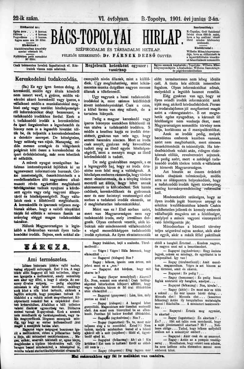 Bács-Topolyai Hirlap, 6. évf. 1901. június 2. 22. sz.