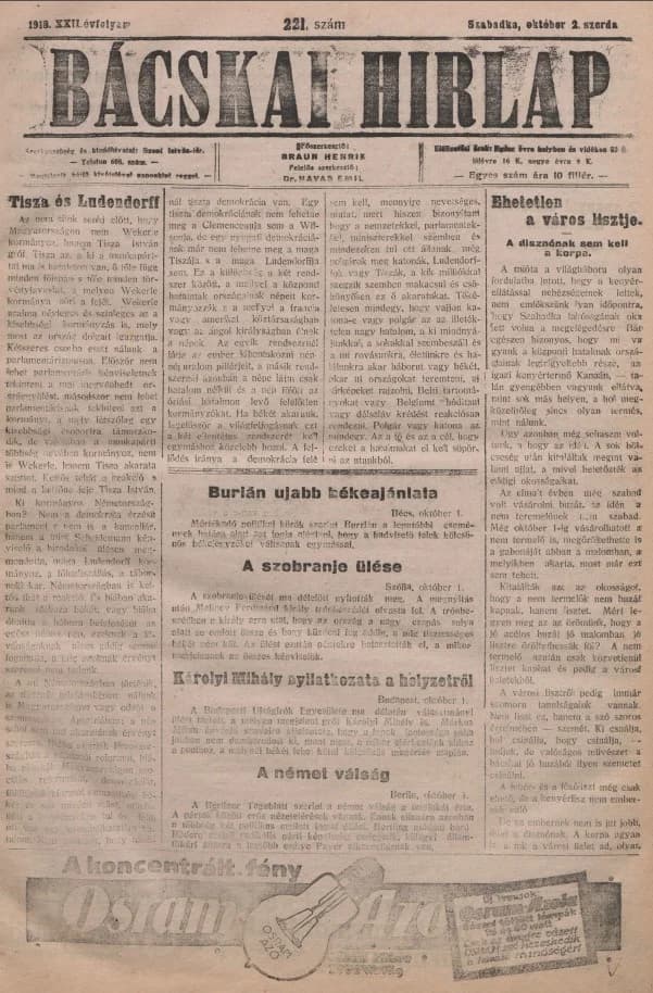 Bácskai Hirlap, 22. évf. 1918. október 2. 221. sz.