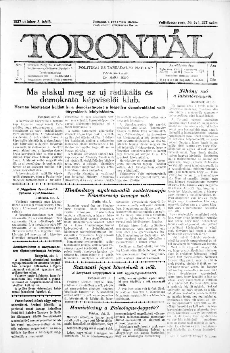 Torontál, 56. évf. 1927. október 3. 227. sz.