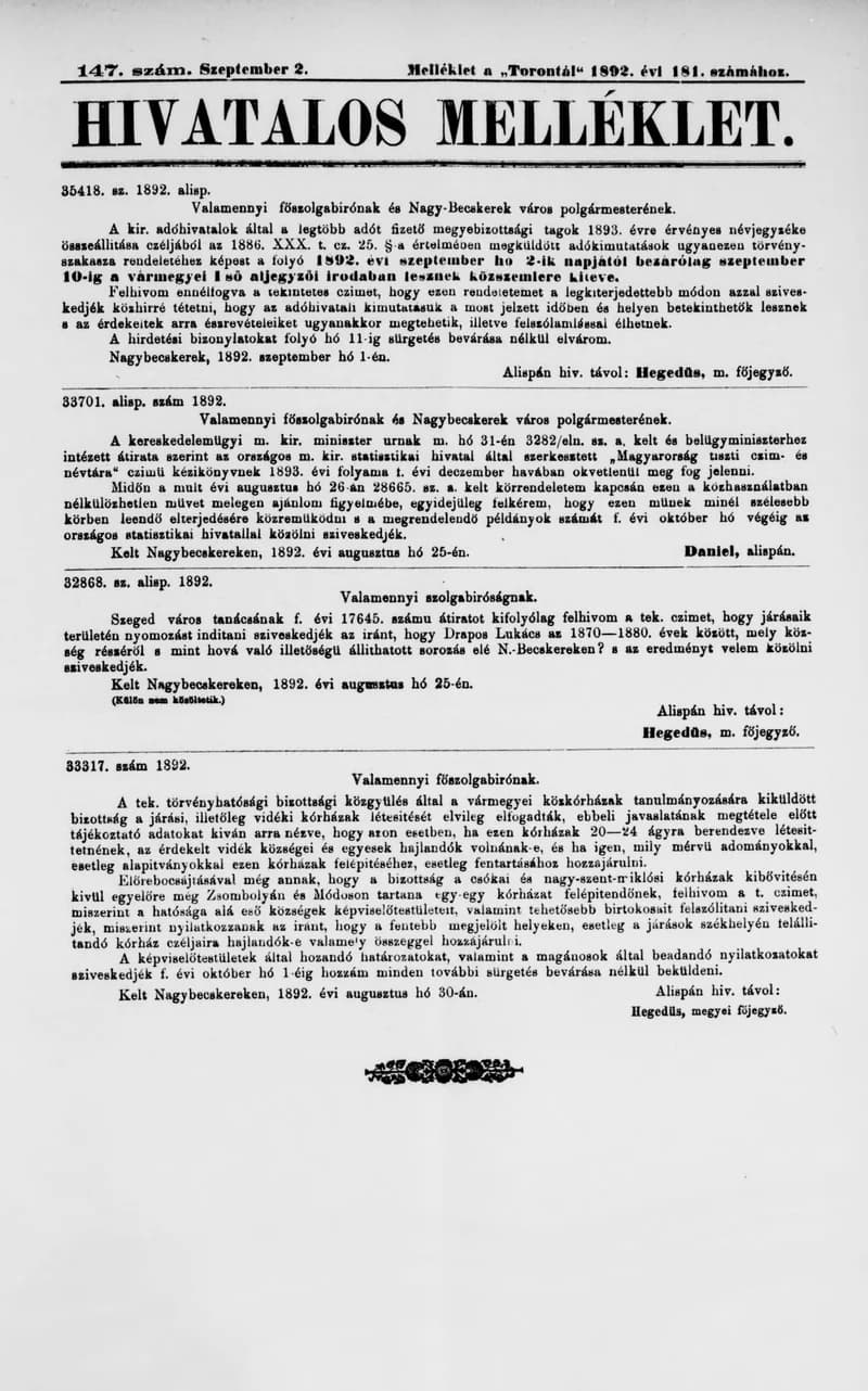 A Totontál  hivatalos melléklete, 5. évf. 1892. szeptember 2. 147. sz.