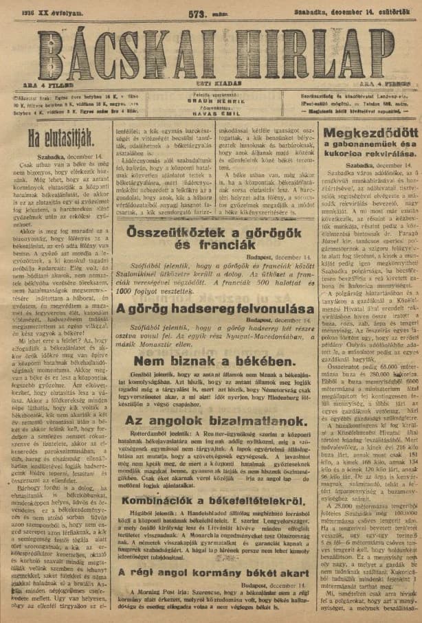 Bácskai Hirlap, 20. évf. 1916. december 14. 573. sz.