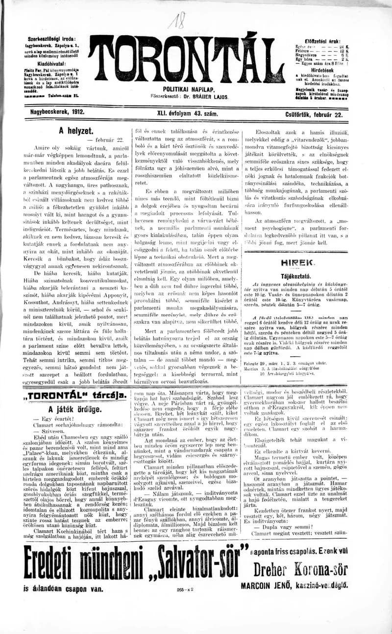 Torontál, 41. évf. 1912. február 22. 43. sz.