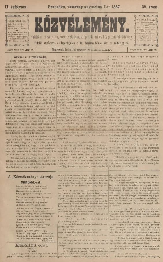 Közvélemény, 2. évf. 1887. augusztus 7. 32. sz.