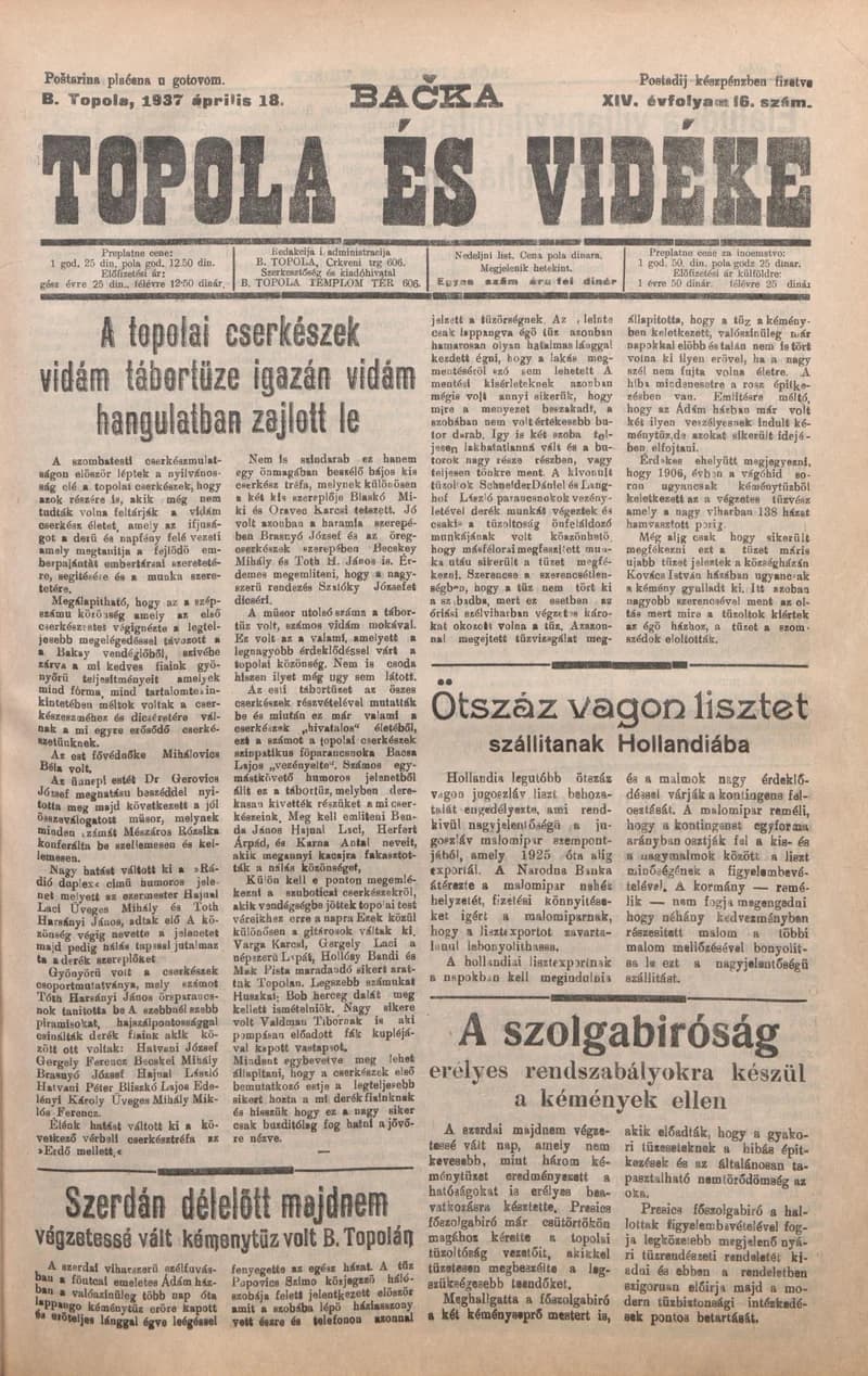 Bačka Topola és Vidéke, 14. évf. 1937. április 18. 16. sz.