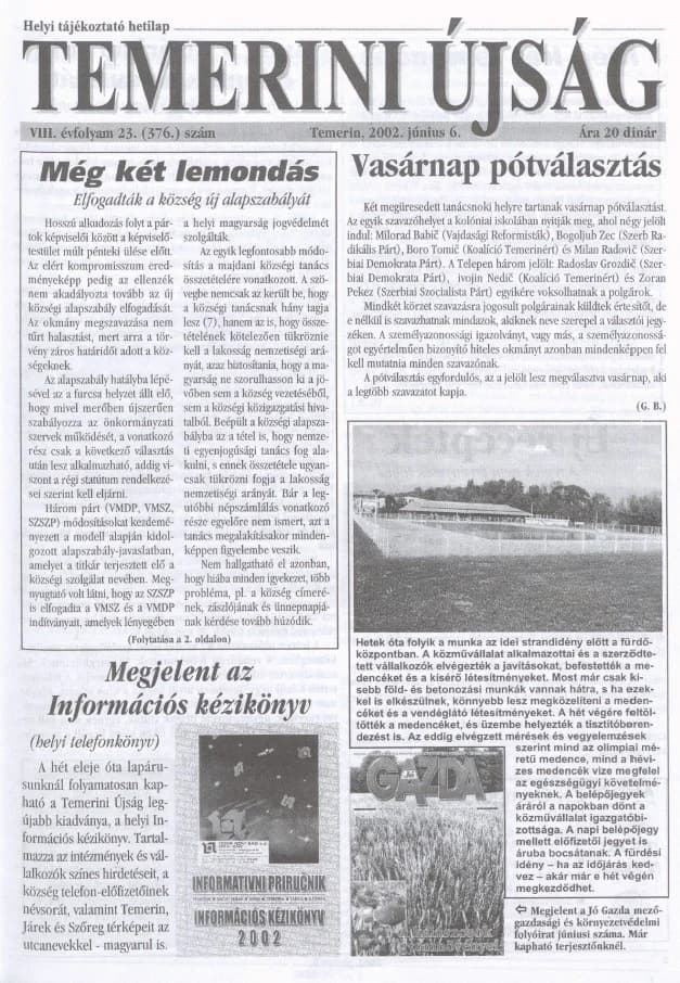 Temerini Újság, 8. évf. 2002. június 6. 23. sz.