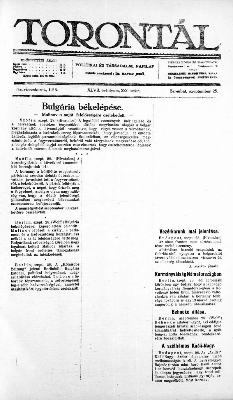 Torontál, 47. évf. 1918. szeptember 28. 222. sz.