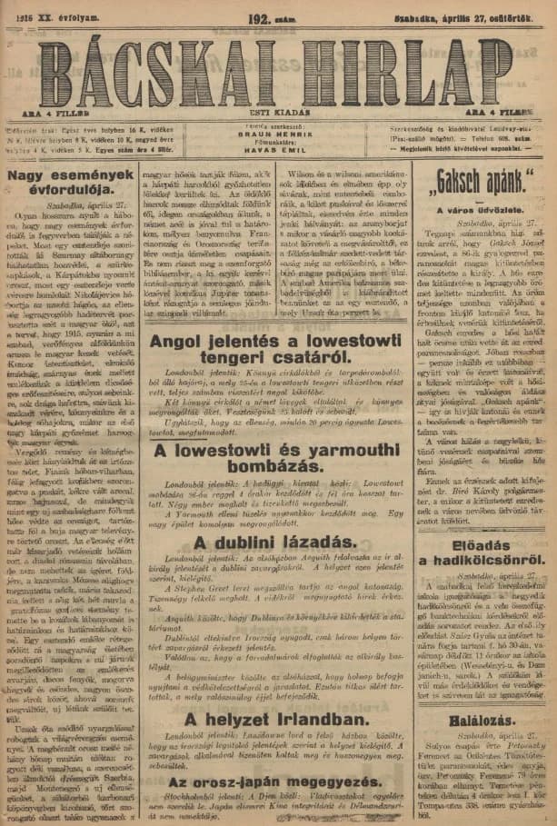 Bácskai Hirlap, 20. évf. 1916. április 27. 192. sz.