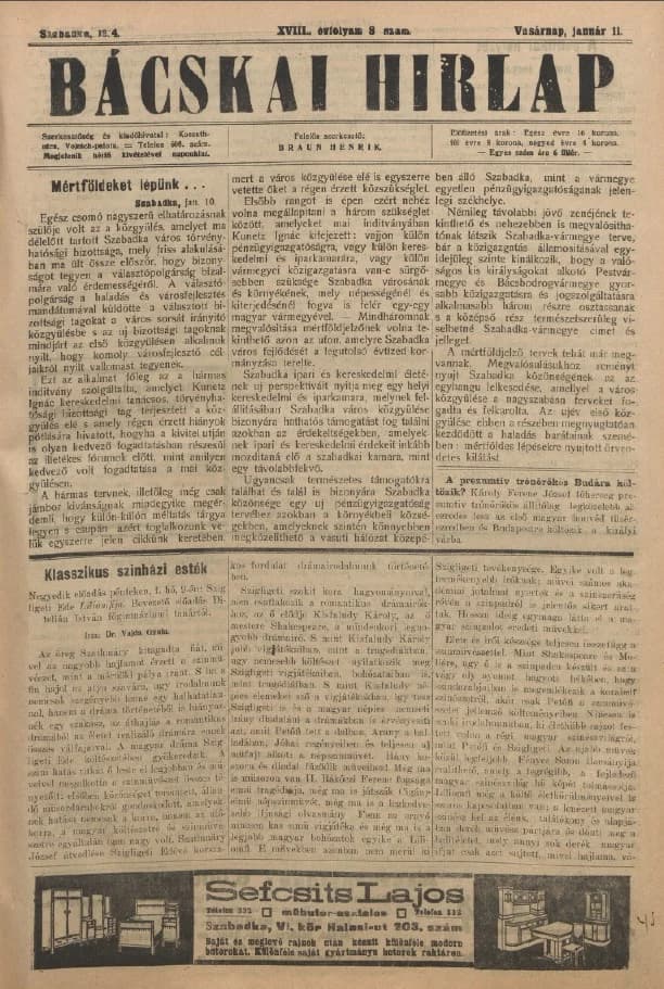 Bácskai Hirlap, 18. évf. 1914. január 11. 8. sz.