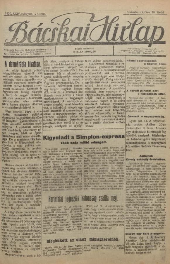 Bácskai Hirlap, 24. évf. 1920. október 19. 177. sz.