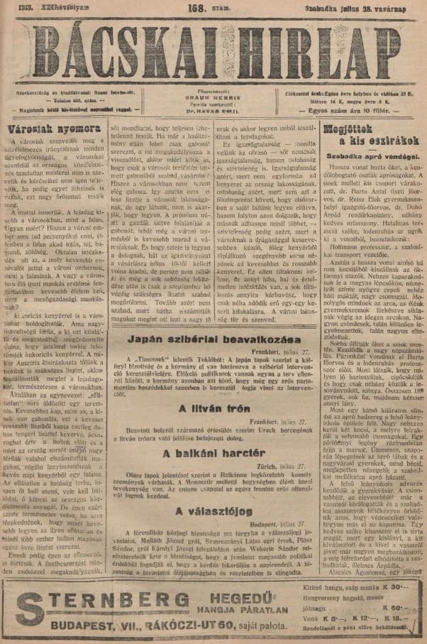 Bácskai Hirlap, 22. évf. 1918. július 28. 168. sz.