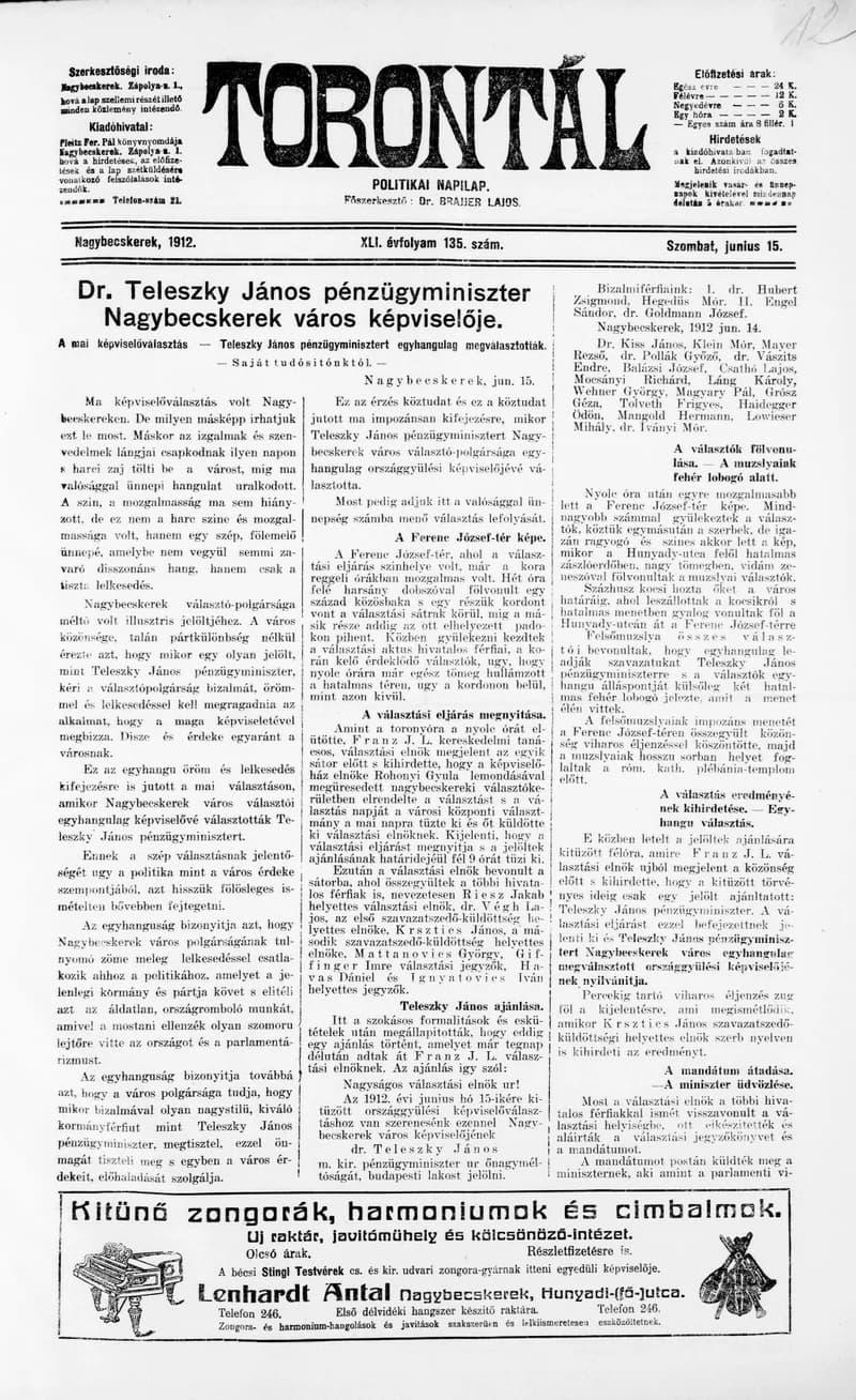 Torontál, 41. évf. 1912. június 15. 135. sz.